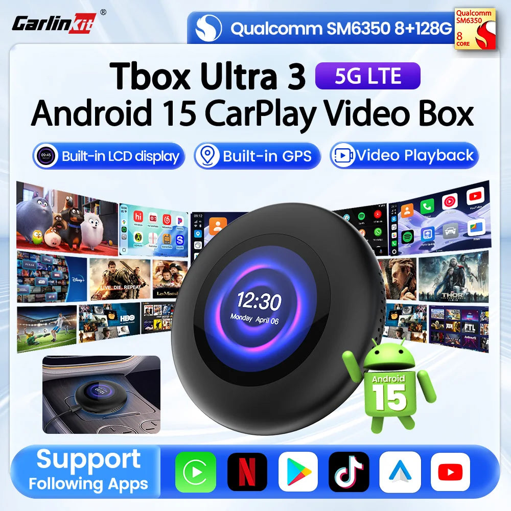 Carlinkit Ultra3 Android Tv Box Android 15 Wireless Carplay Adapter QCM6350 Smart Car Ai Box Carplay For Netflix Youtube 5G LTE