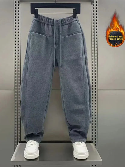 Men's Straight Leg Fleece Lined Thickened Casual Sports Pants Autumn Winter Pure Color Versatile Loose Fit Trousers