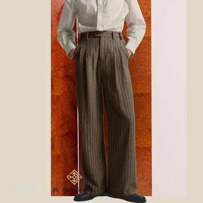 Men's High-Street Vintage Striped Pants Drapey Silhouette Melange Old Money Style Elegant Casual Trousers for Gentlemen Fashion
