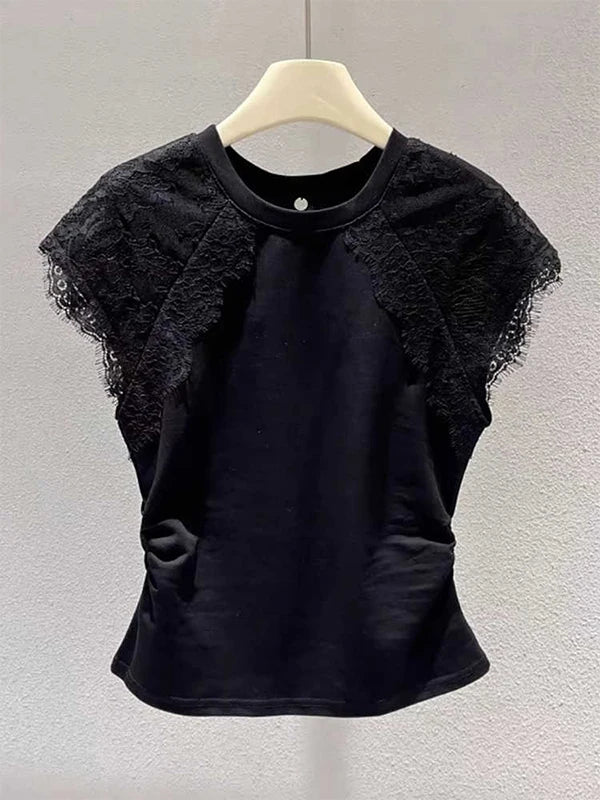 Retro Black Lace Mesh Short Sleeve Top Women Summer Fly Sleeve Short T-Shirt Outlet Store Printed Slim Fit Cotton Polyester