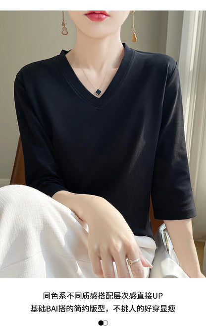 Spring And Summer New White Mercerized Cotton Cropped Sleeve T-shirt Feminine Joker 100% Cotton Bottoming Shirt Half Sleeve