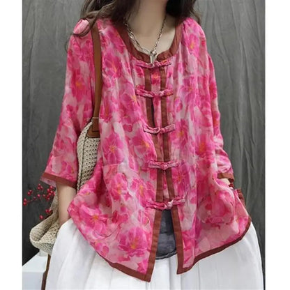 Artistic Print Ethnic Design Retro round Neck Button up Casual Loose Sun Protection Shirt Women Summer Comfortable Versatile