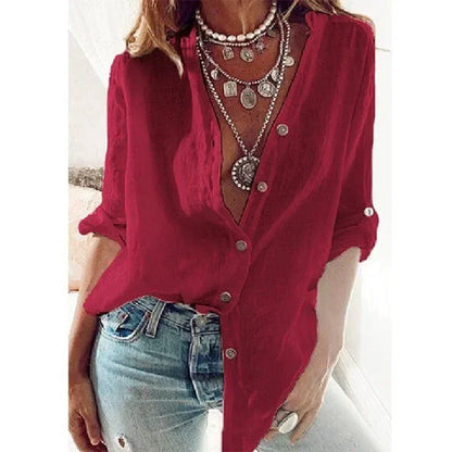 New Helisopus Summer New Women's Cotton Linen Shirt Fashion Button Solid Color Casual Loose V-Neck Long Sleeve Top Commuter Wear