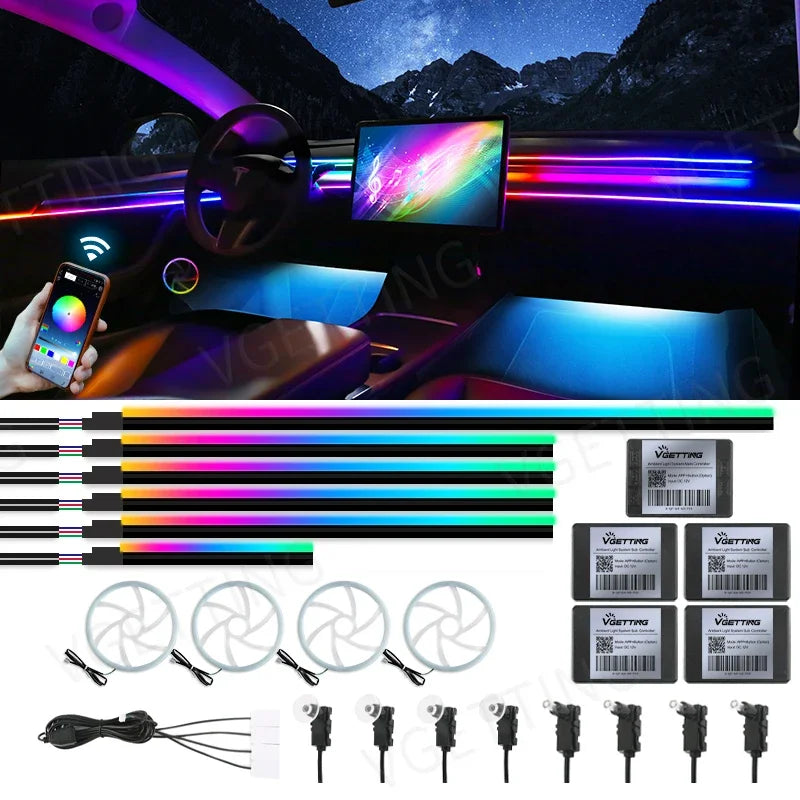22 In 1 Car Ambient Lights RGB 64 Color Universal LED Interior Hidden Acrylic Strip Symphony Atmosphere Lamp APP Full Colors