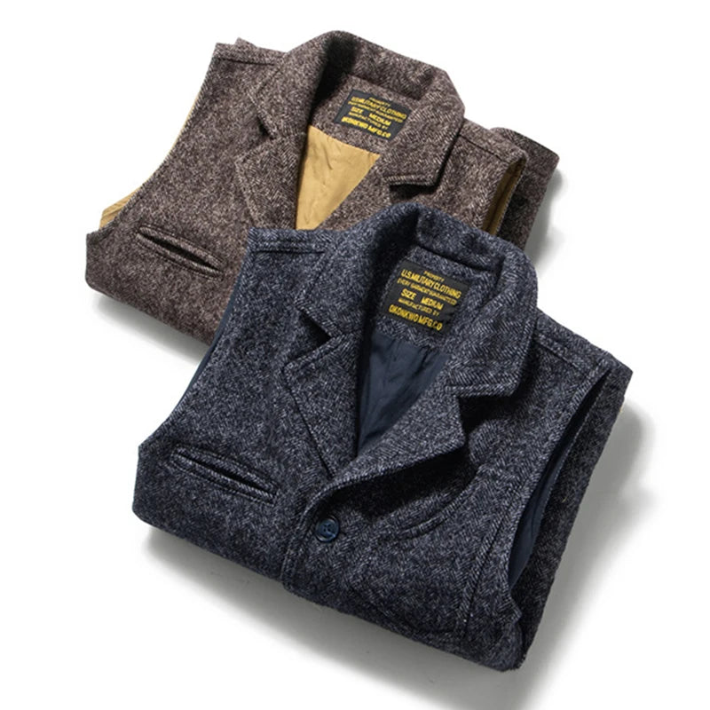 Amekaji Vintage Wool Waistcoat Men Winter New British Lapel Thick Double Layer Multi-pocket Suit Collar Vest Retro Cardigan Vest