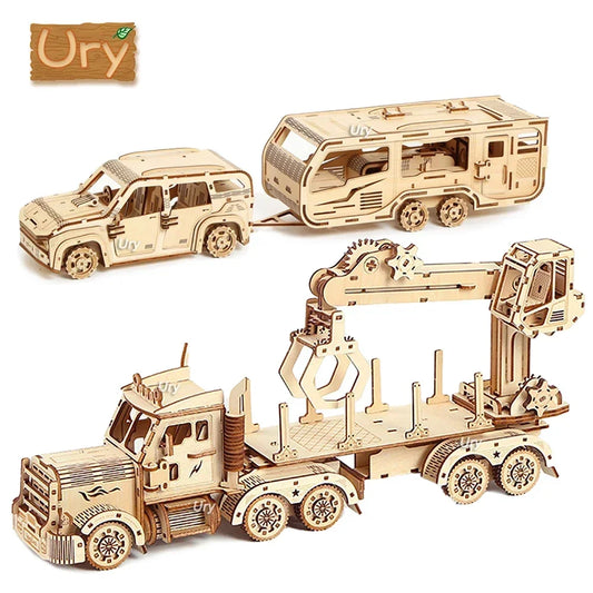 Ury 3D Wooden Puzzle Movable Retro Biplane Crane Bulldozer Handmade Assembly Truck Model DIY Toys Decoration Gift For