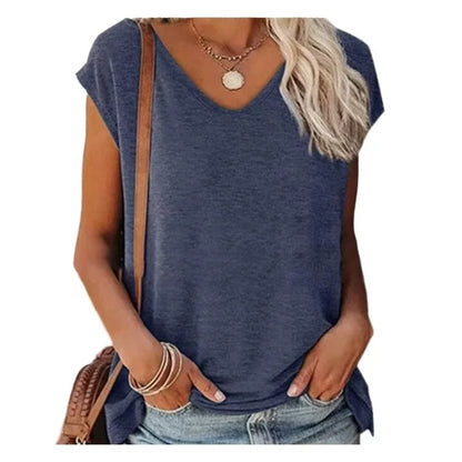 2026 Women's Summer Casual V Neck T Shirt Batwing Sleeve Loose Fit Tee Tops Solid Color Basic Blouse Plus Size T Shirt