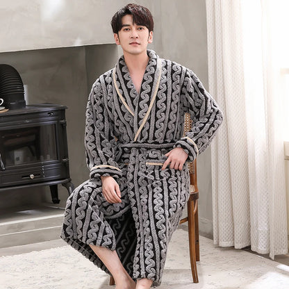 Men Sleepwear Robe Winter Flannel Thicken Terry Robe Male Long Sleeve Kimono Warm Bathrobe Home Wear Peignoir Men Robe