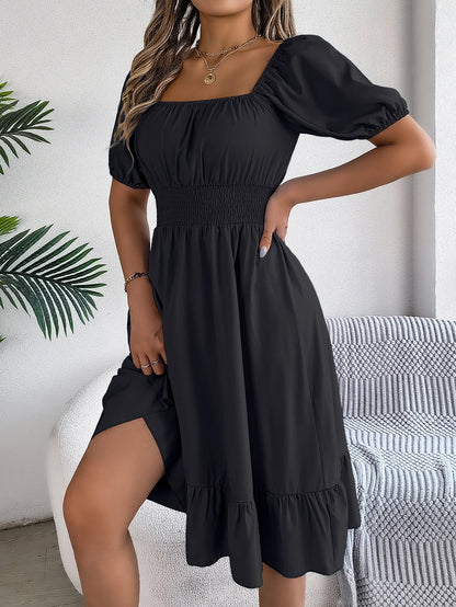 2024 New Fashion Solid Puff Sleeve Square Neck Ruched Bust Ruffle Hem Wasit Dress, Women's Clothing