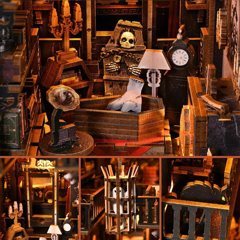 DIY Wooden Bookshelf Dollhouses Book Nook Shelf Insert Miniature Model Kits With Light Bookshelf Bookend Wooden Puzzle Toys Gift