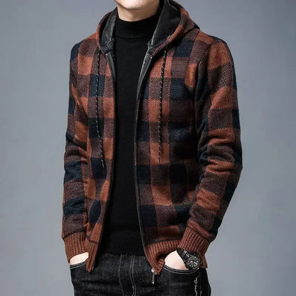 Knit Sweater Male Zipper Plaid Men's Clothing Cardigan Hoodies Zip-up Thick Winter Red Tops Jumpers Casual Stylish Hot Cheap A