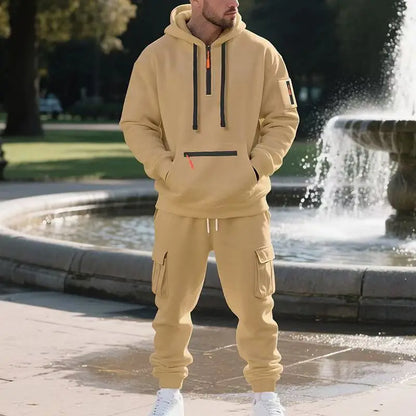 Men's Fleece Hooded Sweatshirt Set Trendy Solid Color Autumn Winter Sports Leisure European American Style 2025