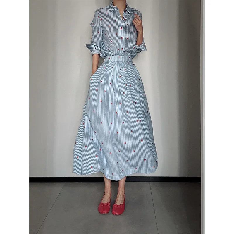 Blue Striped Linen Set Women's Long Sleeve Heart Print Blouse Half Skirt Two Piece Set Summer Fashion Ensemble for Young Women