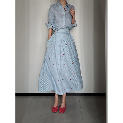 Blue Striped Linen Set Women's Long Sleeve Heart Print Blouse Half Skirt Two Piece Set Summer Fashion Ensemble for Young Women