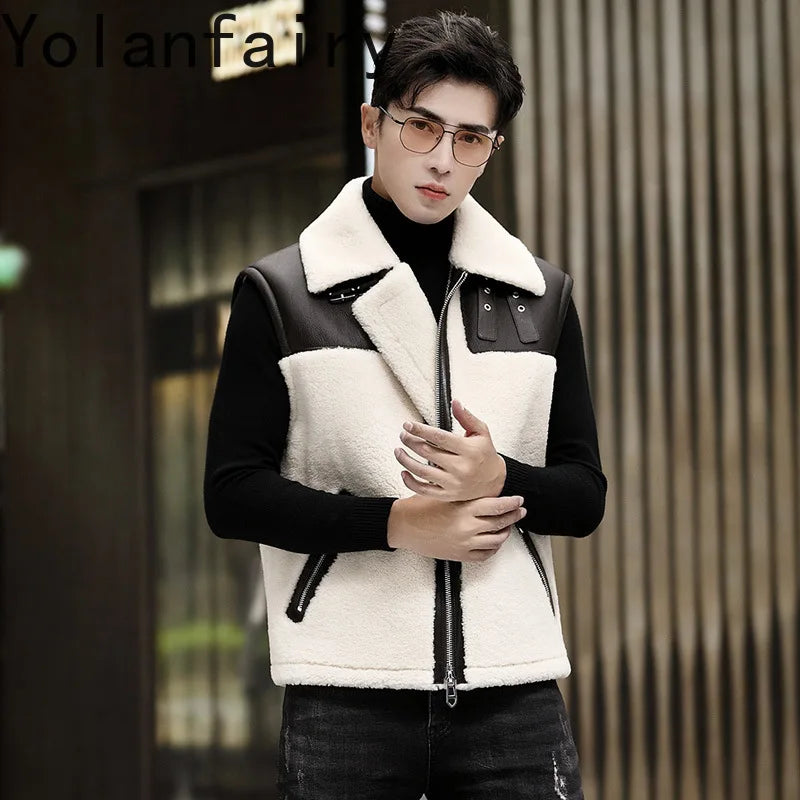 YOLANFAIRY Wool Real Leather Jacket Men Sheepskin Natural Fur Coats Winter Vest Short Thickened Warm Mens Clothes Куртка Мужская