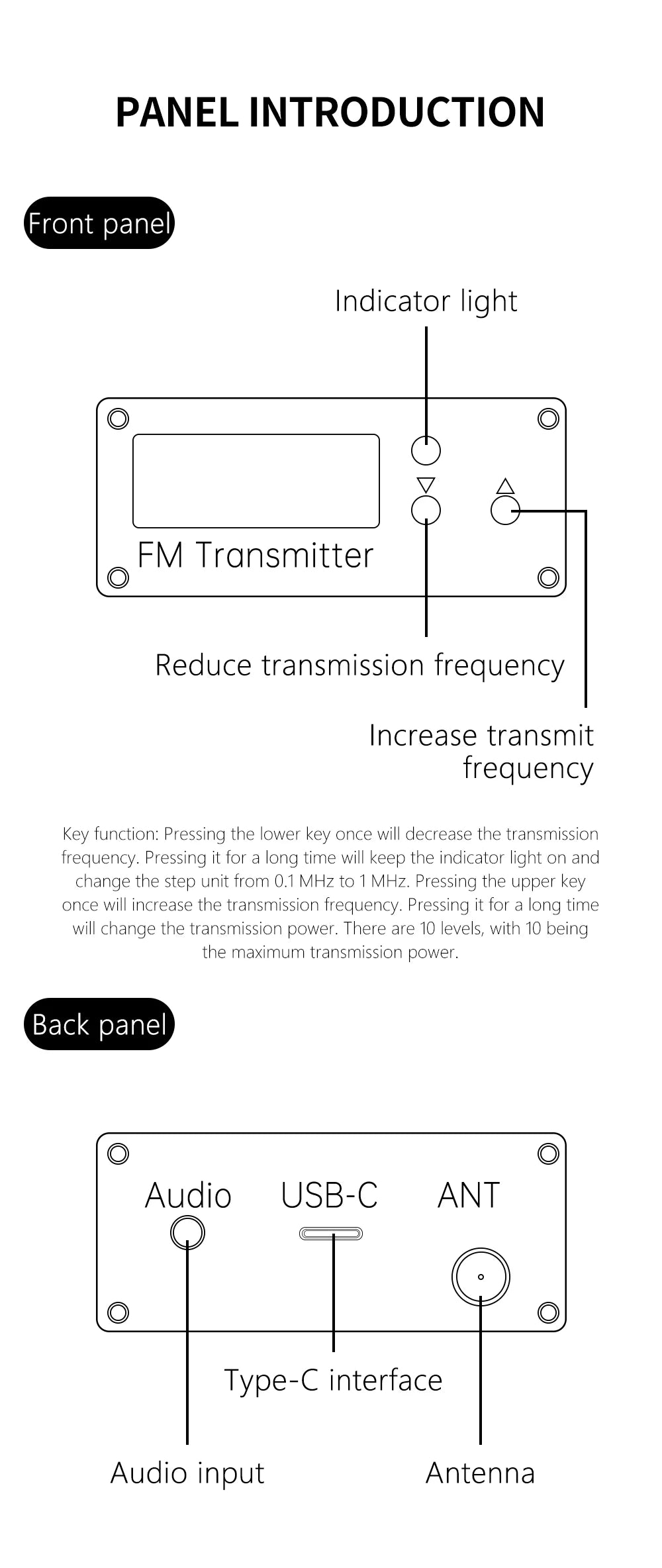 0.5W FM Transmitter 76-108MHz 2KM Range LCD Stereo, 3.5mm AUX USB-C Wireless Audio Broadcast For Car & Church