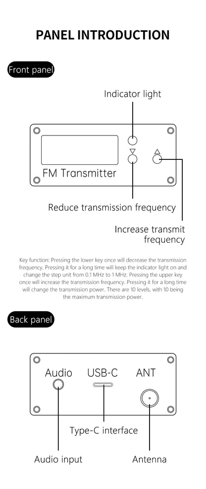 0.5W FM Transmitter 76-108MHz 2KM Range LCD Stereo, 3.5mm AUX USB-C Wireless Audio Broadcast For Car & Church