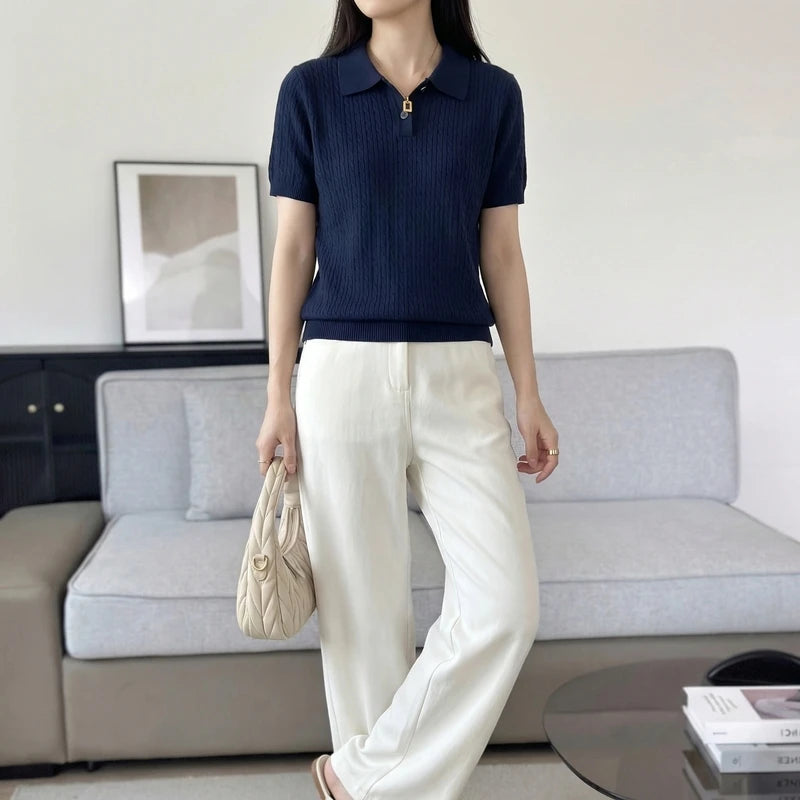 Spring Summer Breathable Pure Cotton Polo Shirt Women's Half Sleeve Loose Knitted Top Casual Versatile Summer Wear A3032122