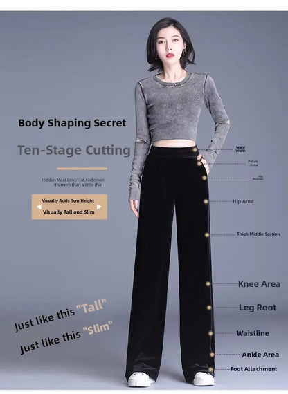 Slim Fit Velvet Wide Leg Pants Winter New Style plus Size Warm Fleece High Waist Elastic Korean Velvet Pants for Women