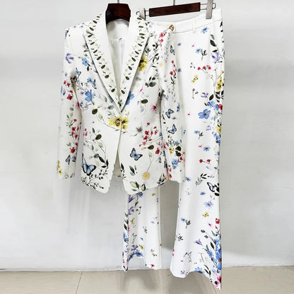 HIGH STREET Newest 2026 Designer Runway Suit Set Women's Brilliant Digital Printed Jacket Flare Pants Suit 2pcs