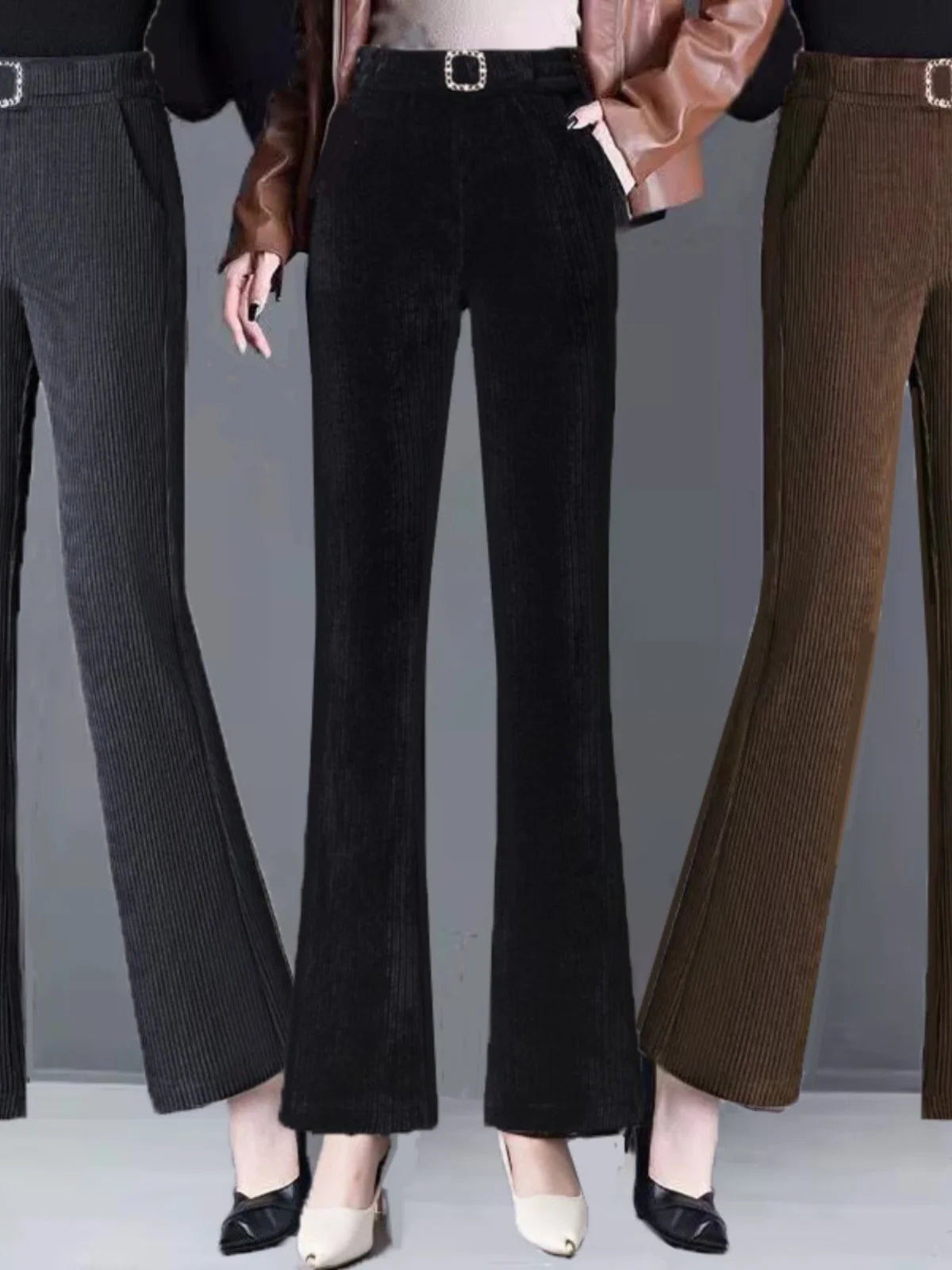 plus Size Flared Pants for Women Autumn Winter Fce Lined Casual High Waist Nine Points ket Pants for Middle-Aged Mothers