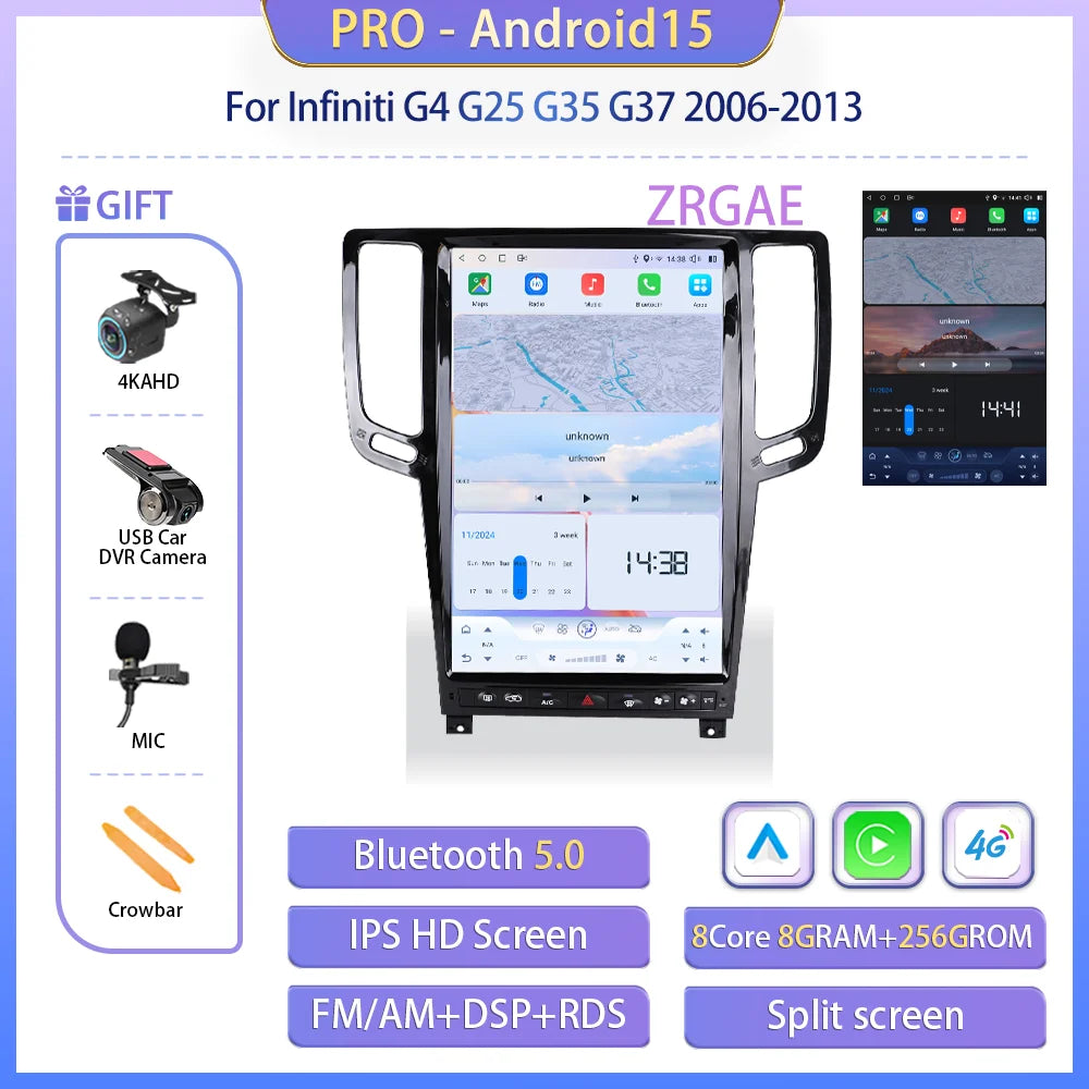 14.5” Android15 For Infiniti G4 G25 G35 G37 2006-2013 Tesla Style GPS Navigation Car Multimedia Video Player Carplay Auto BT 4G
