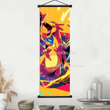 Anime Pokemon Scroll Painting Bulbasaur Charmander Squirtle Poster and Print Watercolor Wall Art Picture Home Decor Kids Gifts