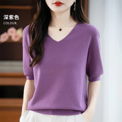 Thin Worsted Wool Short-Sleeved Women's Loose Round Neck T-shirt Printed Summer Fashion Knitted Bottoming Shirt Half-Sleeved