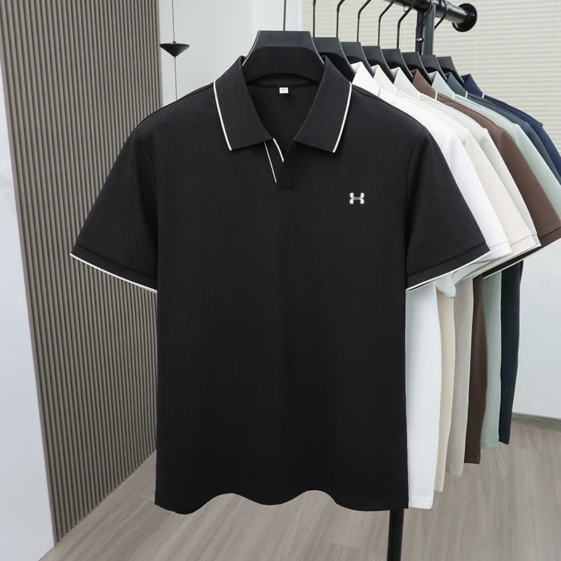 New Summer Men Striped Trim Collar Polo Shirt, Solid Quick Dry Breathable Plain Short Sleeve Top Mens Apparel