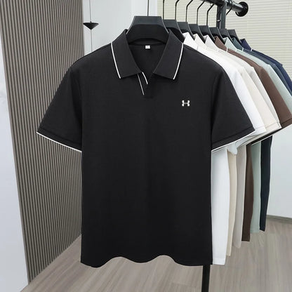 New Summer Men Striped Trim Collar Polo Shirt, Solid Quick Dry Breathable Plain Short Sleeve Top Mens Apparel