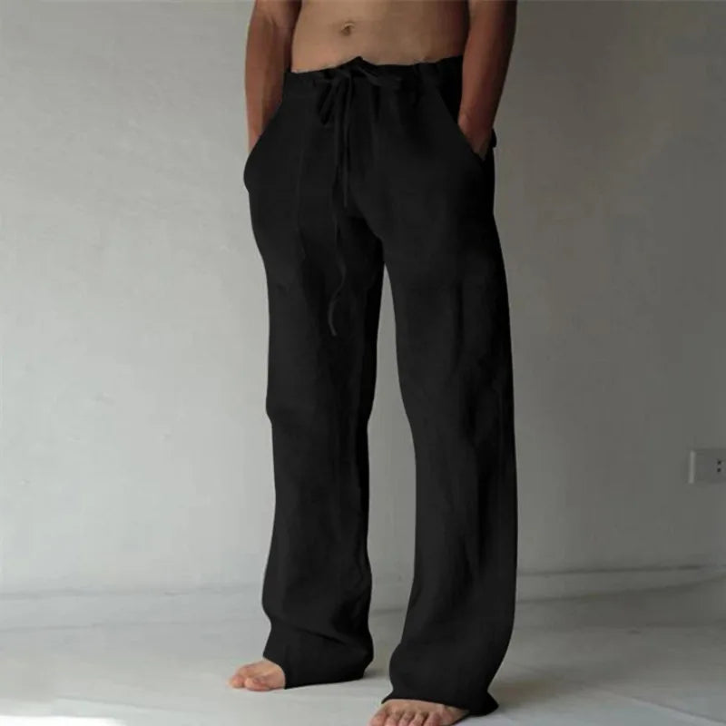 2026 New Men's Cotton Linen Pants, Elastic Waist Solid Color Straight Wide Leg Casual Trousers