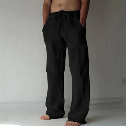 2026 New Men's Cotton Linen Pants, Elastic Waist Solid Color Straight Wide Leg Casual Trousers