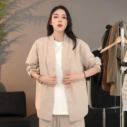 Casual Linen Silk Men Women Set Spring Summer Fashion Straight Leg Pants Long Sleeve Shirt Outerwear Two Piece Set Couple Out...