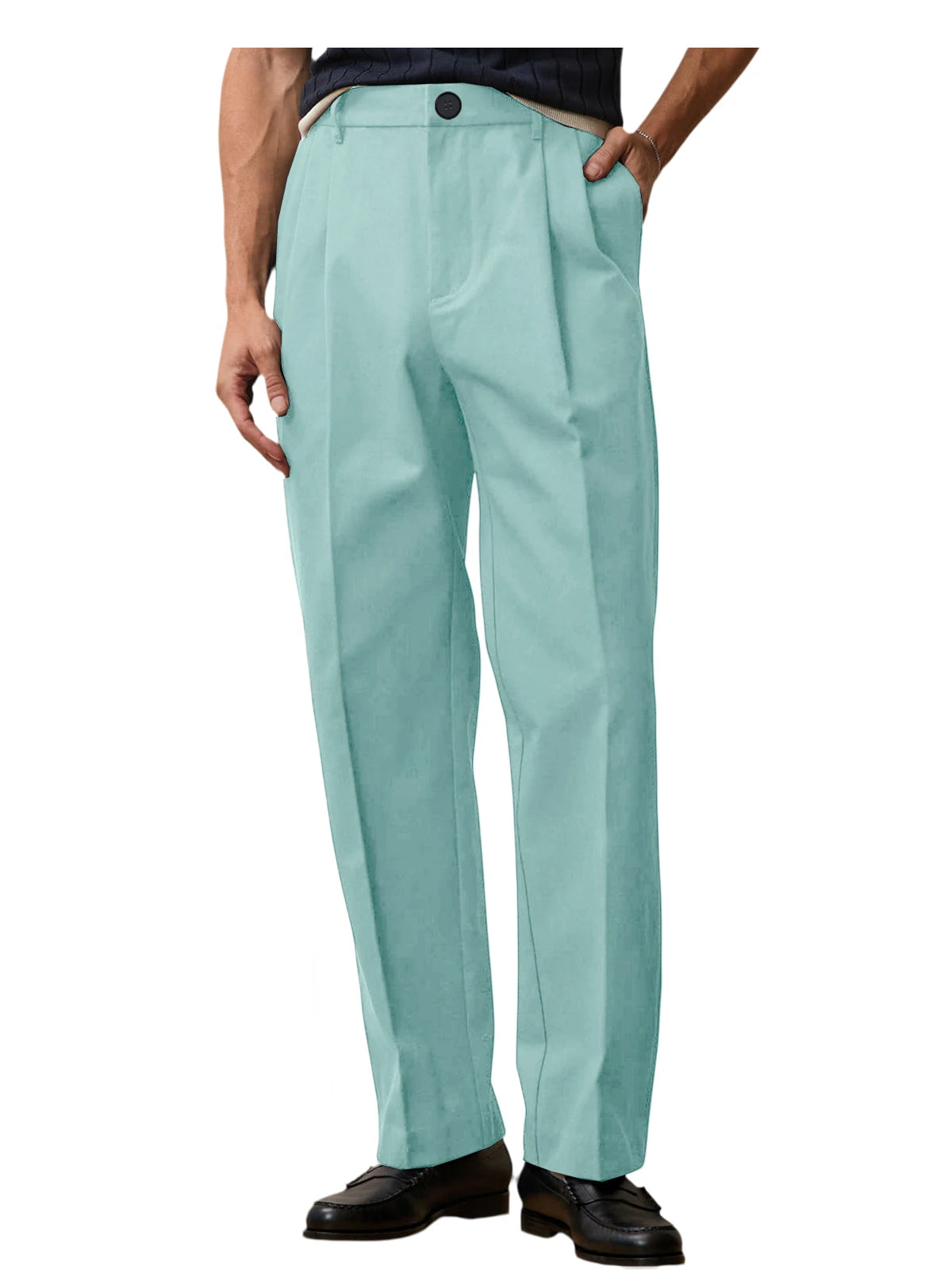 Men High Waist Pleated Suit Pants Straight Wide Leg Loose Fit Trousers Breathable Lightweight Business Office Formal Wear