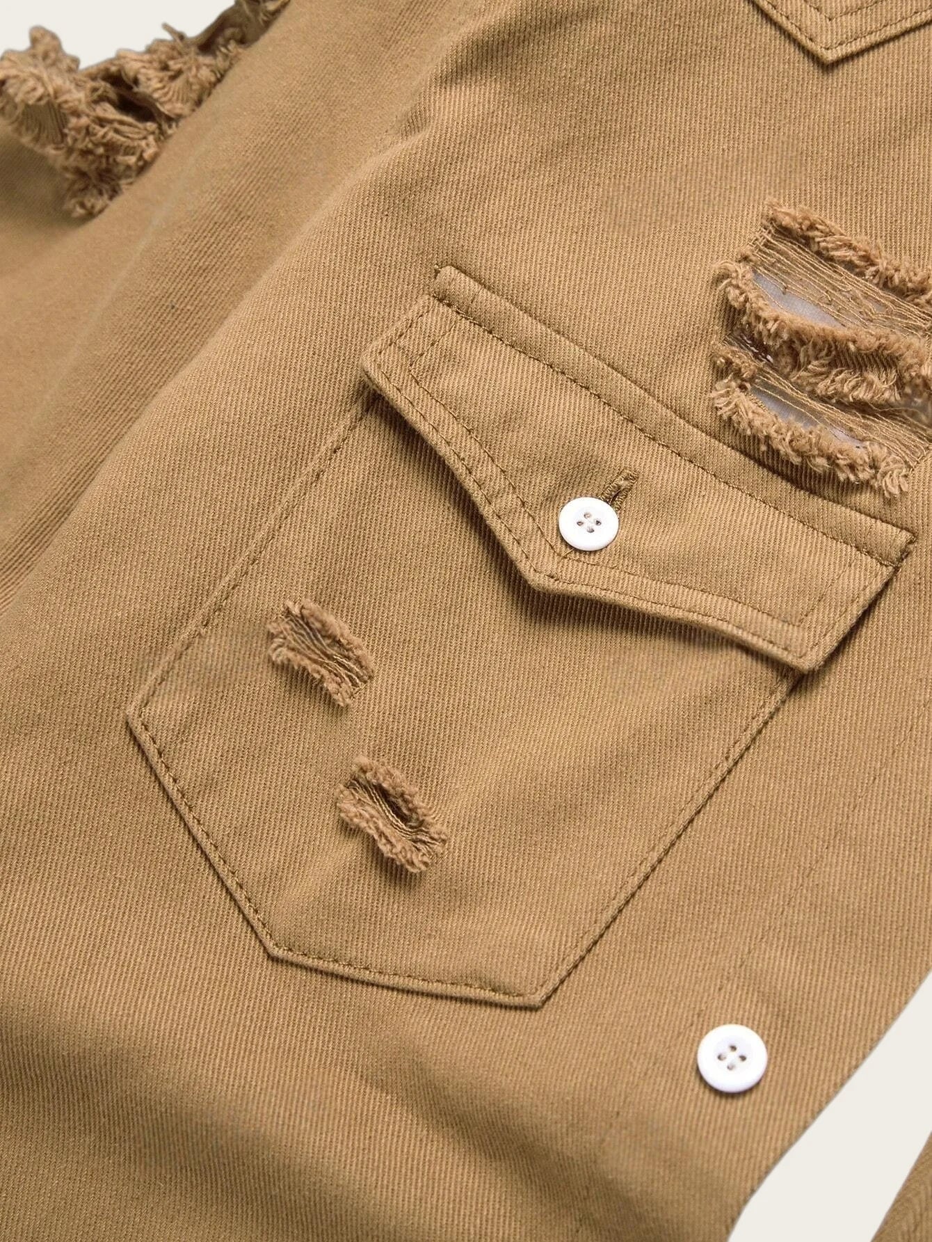 Men's Brown Distressed Ripped Short-Sleeve Denim Shirt, Summer Casual Lapel Button-Up Workwear Blouse with Chest Pocket