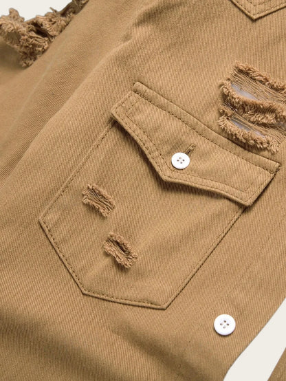Men's Brown Distressed Ripped Short-Sleeve Denim Shirt, Summer Casual Lapel Button-Up Workwear Blouse with Chest Pocket