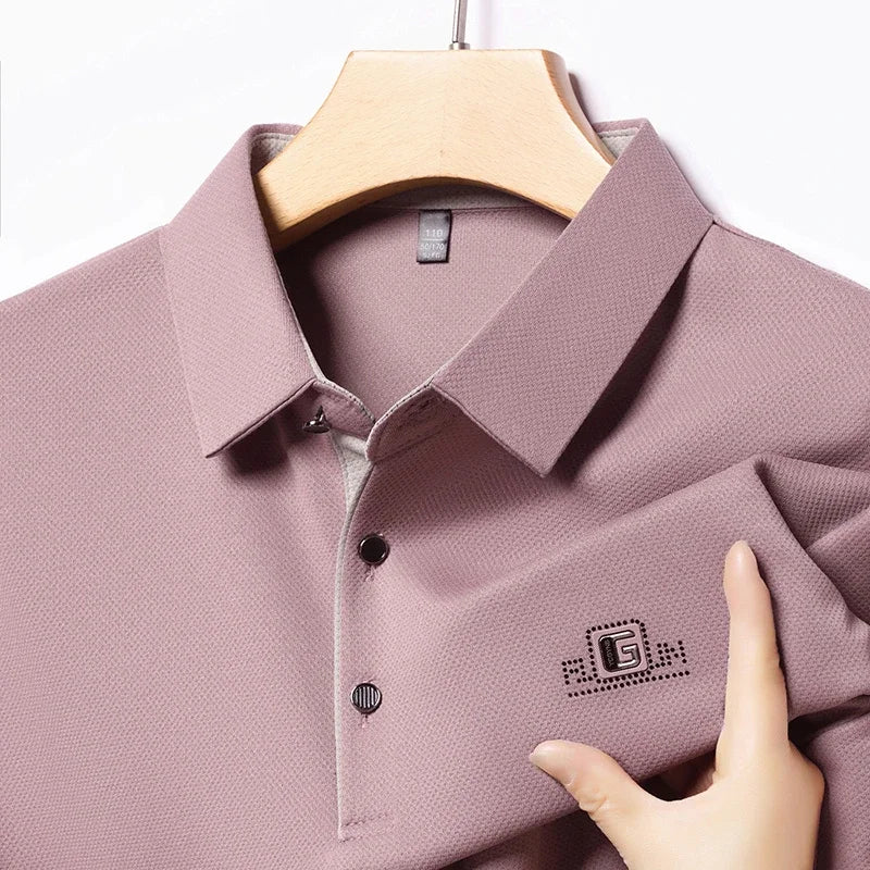 Men's Business Ice Silk Work Shirts Summer Badge Solid Color Polo Shirt Office Wear Man Breathable Comfortable Versatile Tops