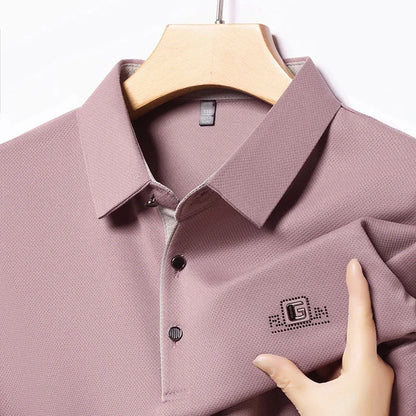Men's Business Ice Silk Work Shirts Summer Badge Solid Color Polo Shirt Office Wear Man Breathable Comfortable Versatile Tops