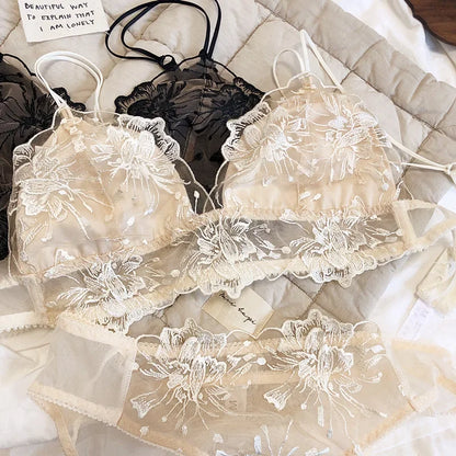 2 Pieces Sexy Lace Flowers Embroidery Underwear Set Women Ultra Thin Bra Set Wireless Comfort Brassiere Japan Intimate Lingerie