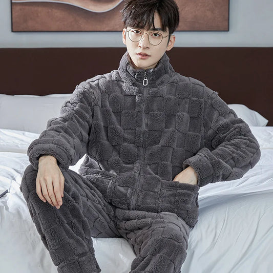 2025 New Couple Sleepwear Men's Autumn Winter Stand Collar Zipper Thick Long Sleeve Coral Fleece Home Clothes Men's Pyjamas