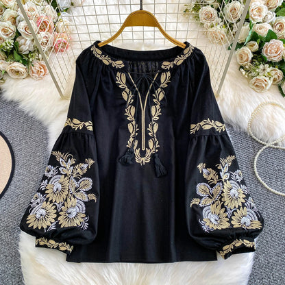 Bohemian Vacation Style Women's Shirt round Neck Lantern Sleeve Embroidery Heavy Work Autumn Design Sense Knot Design Top