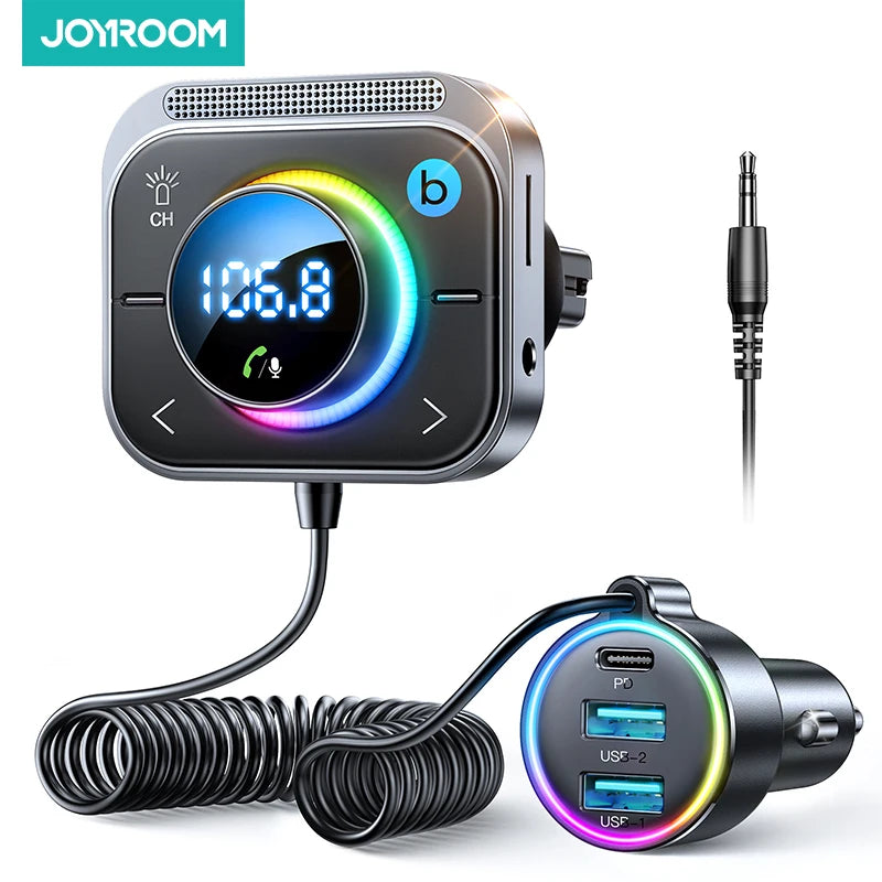 Joyroom Bluetooth 5.3 FM/AUX Transmitter Car Adapter Audio FM Transmitter Bass Boost 3 Ports PD&QC 3.0 FM Bluetooth Fast Charger