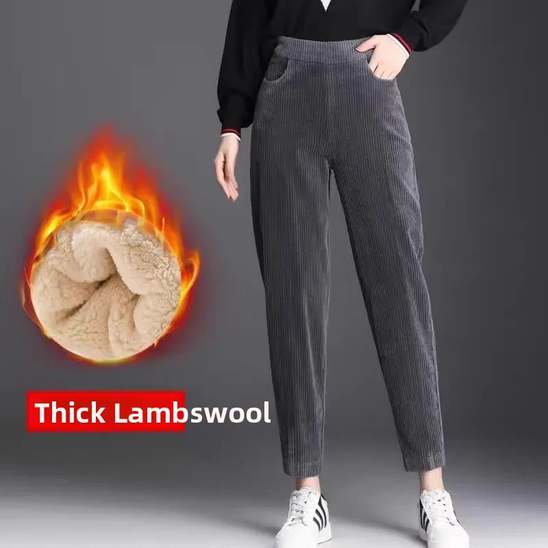 Thickened Fleece Corduroy Pants High Waist Harlan Style Winter 2024 New Women's Casual Trousers Elastic Waist Pocket Detail