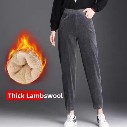 Thickened Fleece Corduroy Pants High Waist Harlan Style Winter 2024 New Women's Casual Trousers Elastic Waist Pocket Detail