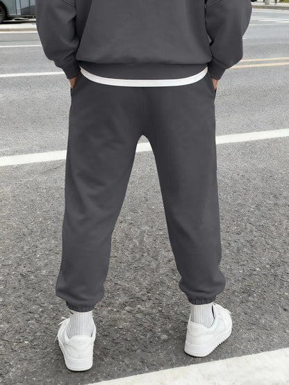 Men Retro Gothic Vertical Letter Flame & Planet Graphic Joggers Elastic Cuff Cozy Loose Fit Urban Casual Street Sweat Pants