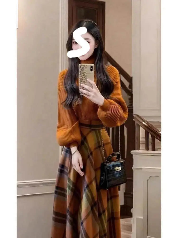 Retro Knitted Sweater Skirt Set Women's Plaid  Skirt Long Sleeve round Neck Two-Piece Suit Autumn Fashion Casual Wear