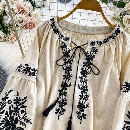 Bohemian Vacation Style Women's Shirt round Neck Lantern Sleeve Embroidery Heavy Work Autumn Design Sense Knot Design Top