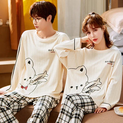 2023 New Cartoon Cute Pajamas Set for Couples Cotton Long Sleeves Sleep Top & Long Pant Spring Nightwear for Men and Women Pjs