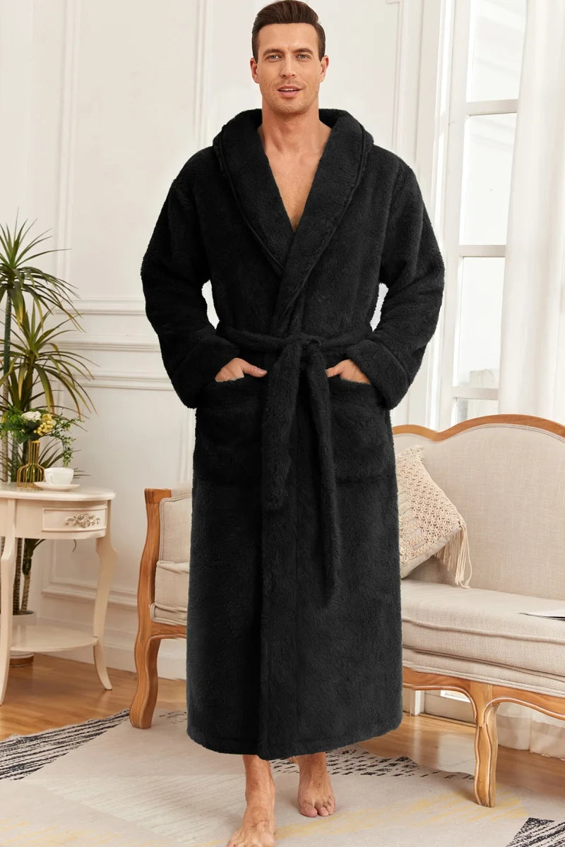 Men's Ultra Soft Coral Fleece Bathrobe Long Plush Shawl Collar Robe with Belt Pockets Thick Warm Winter Loungewear Home Nightgow