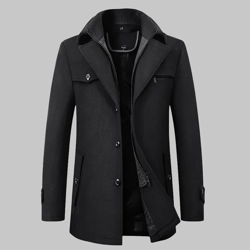 2026 High Quality Men's Wool Coat Medium Length Double Collar Winter Plus Cotton Thickened Wool Coat